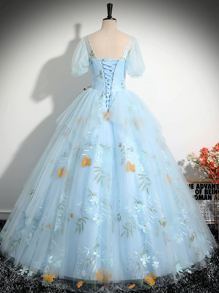 A-Line V Neck Tulle Lace Blue Long Prom Dress, Blue Lace Long Formal Dress - Deanwangkt