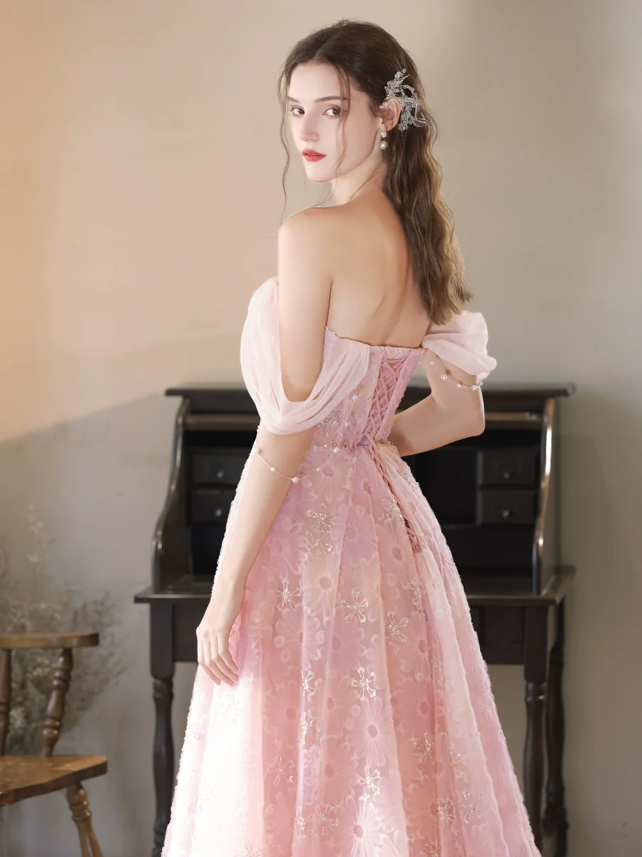 A-Line Off Shoulder Tulle Lace Pink Long Prom Dress, Pink Lace Evening Dress - Deanwangkt