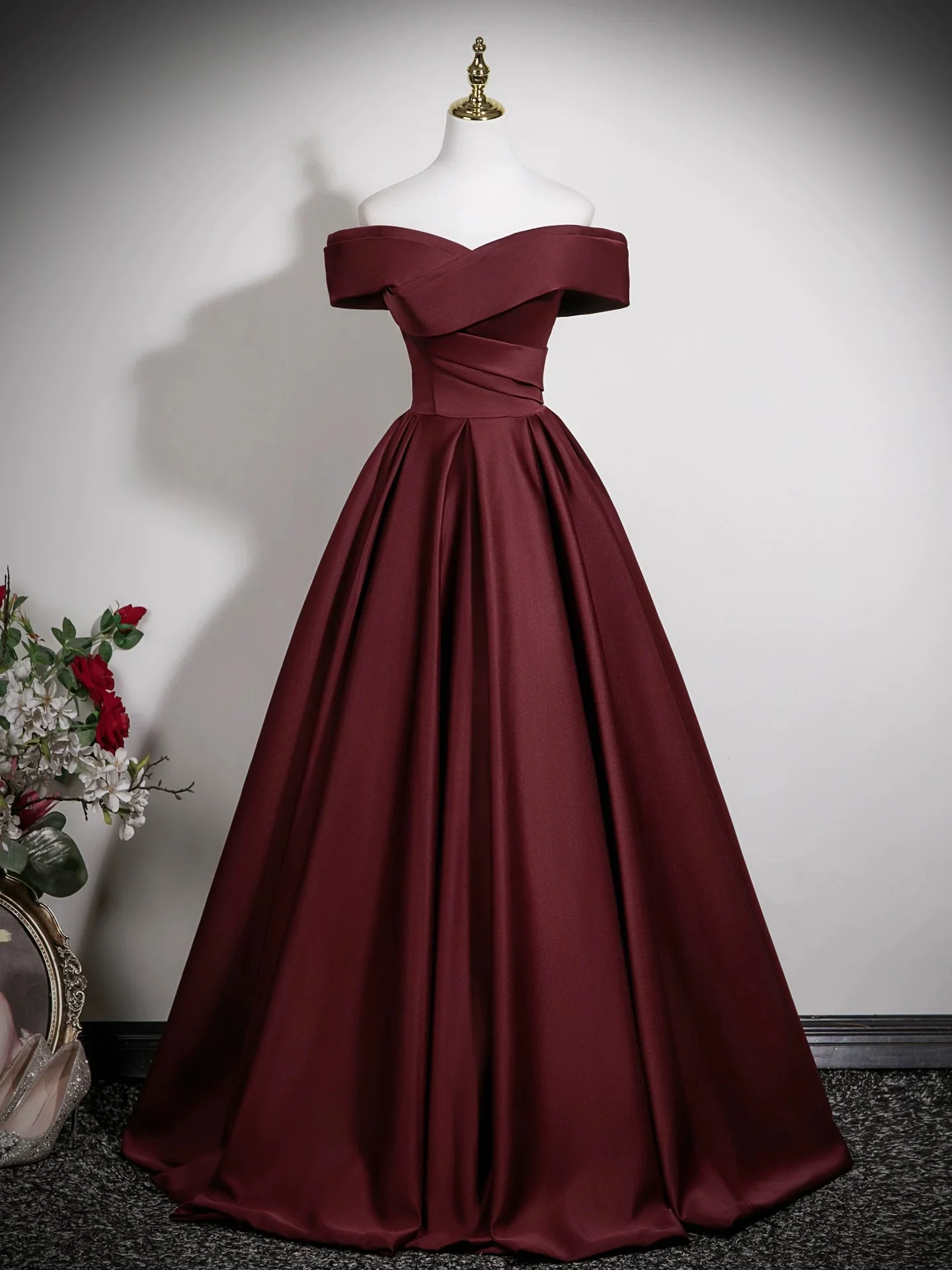 A-Line Off Shoulder Satin Burgundy Long Prom Dress, Burgundy Long Formal Dress - Deanwangkt