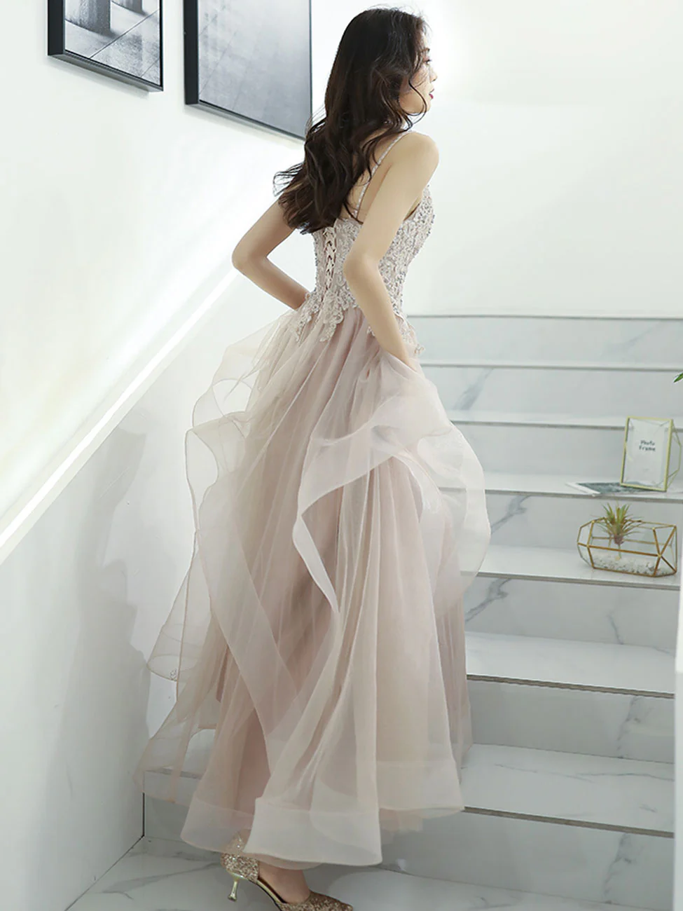 A-Line V Neck Pink Long Prom Dress, Pink Formal Graduation Dress with Lace Beading - Deanwangkt