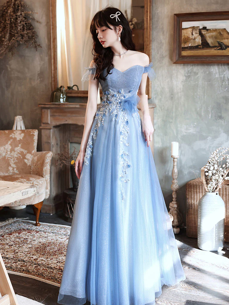 Blue Off Shoulder Tulle Long Prom Dress, Blue Tulle Formal Dress With Beading - Deanwangkt