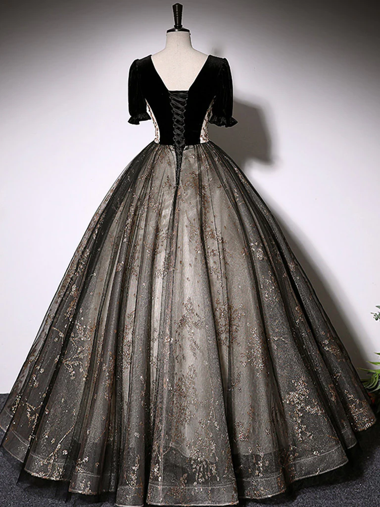 Black A-Line Tulle Lace Long Prom Dress, Black Lace Formal Dress - Deanwangkt