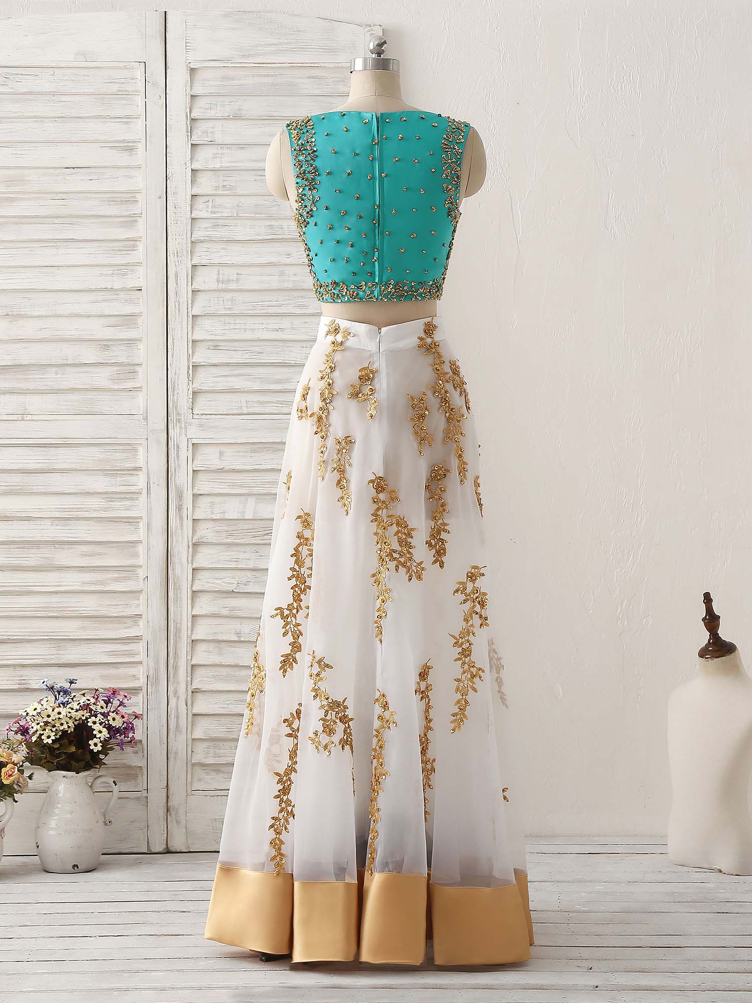 Unique Two Pieces Beads Lace Applique Long Prom Dress, Green Evening Dress - Deanwangkt