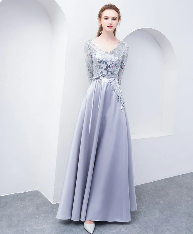 Gray V Neck Sequin Long Prom Dress, Gray Evening Dress - Deanwangkt