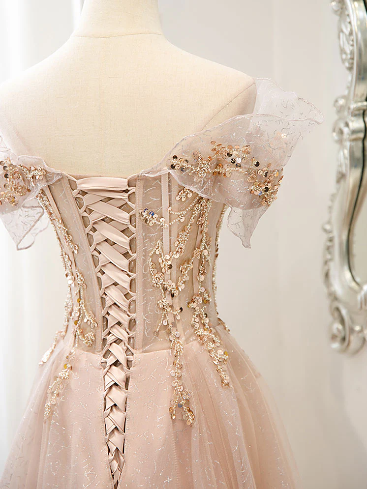 Champagne Tulle Lace A line Long Prom Dress, Lace Champagne Evening Dress - Deanwangkt