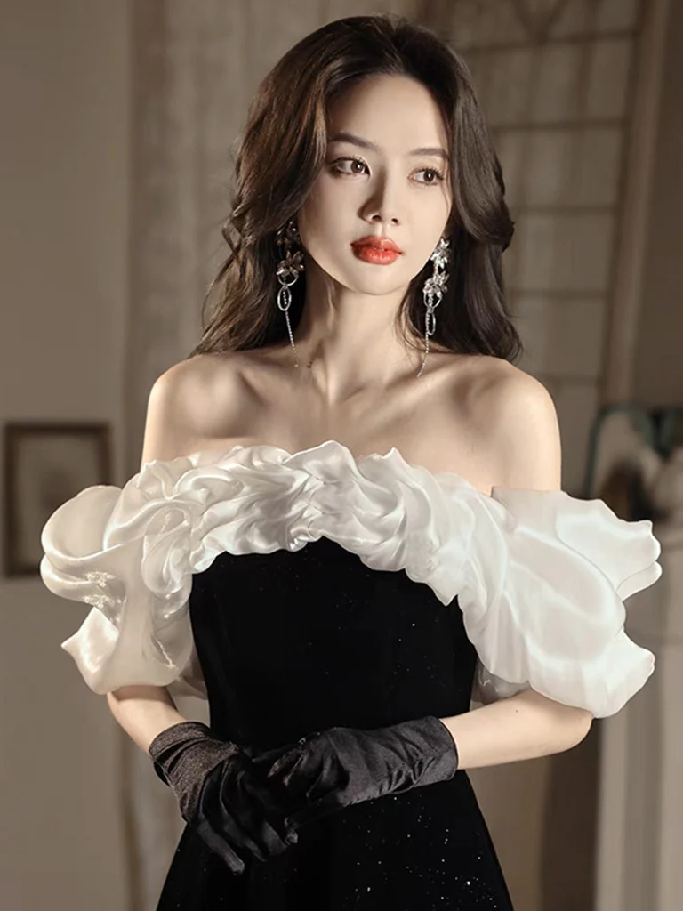 A-Line Off Shoulder Velvet Black Long Prom Dress, Black Long Evening Dress - Deanwangkt