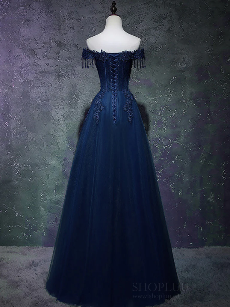 A-Line Off Shoulder Tulle Lace Dark Blue Long Prom Dress, Dark Blue Long Formal Dress - Deanwangkt