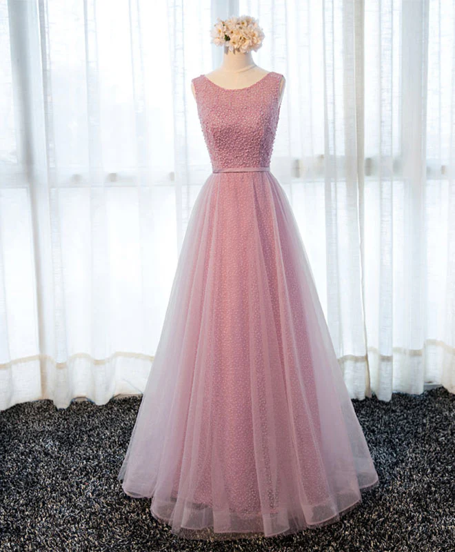 A Line Round Neck Tulle Long Prom Dress, Lace Evening Dress - Deanwangkt