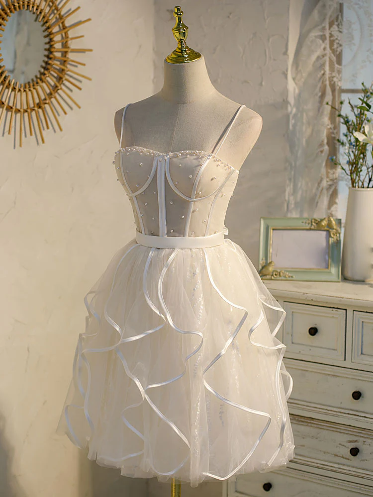 Beige Tulle Short Prom Dress, Mini/Short Beige Homecoming Dresses - Deanwangkt