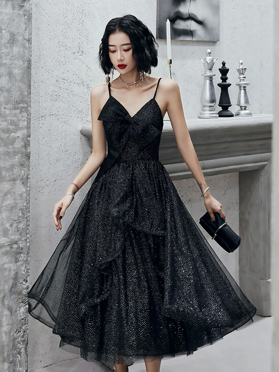V Neck Tulle Sequin Short Black Prom Dresses, Black Tulle Homecoming Dresses - Deanwangkt