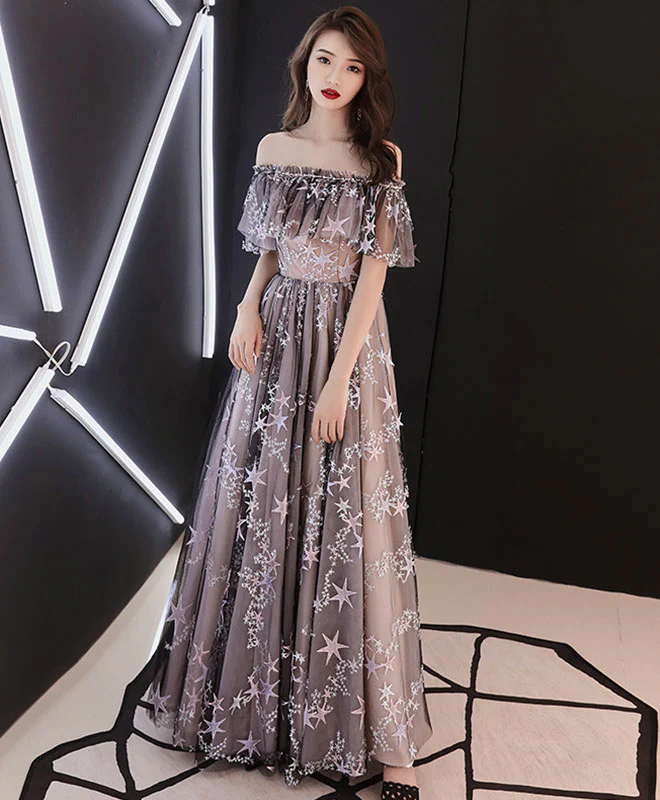 Gray Tulle Lace Long Evening Dress Gray Tulle Formal Dress - Deanwangkt