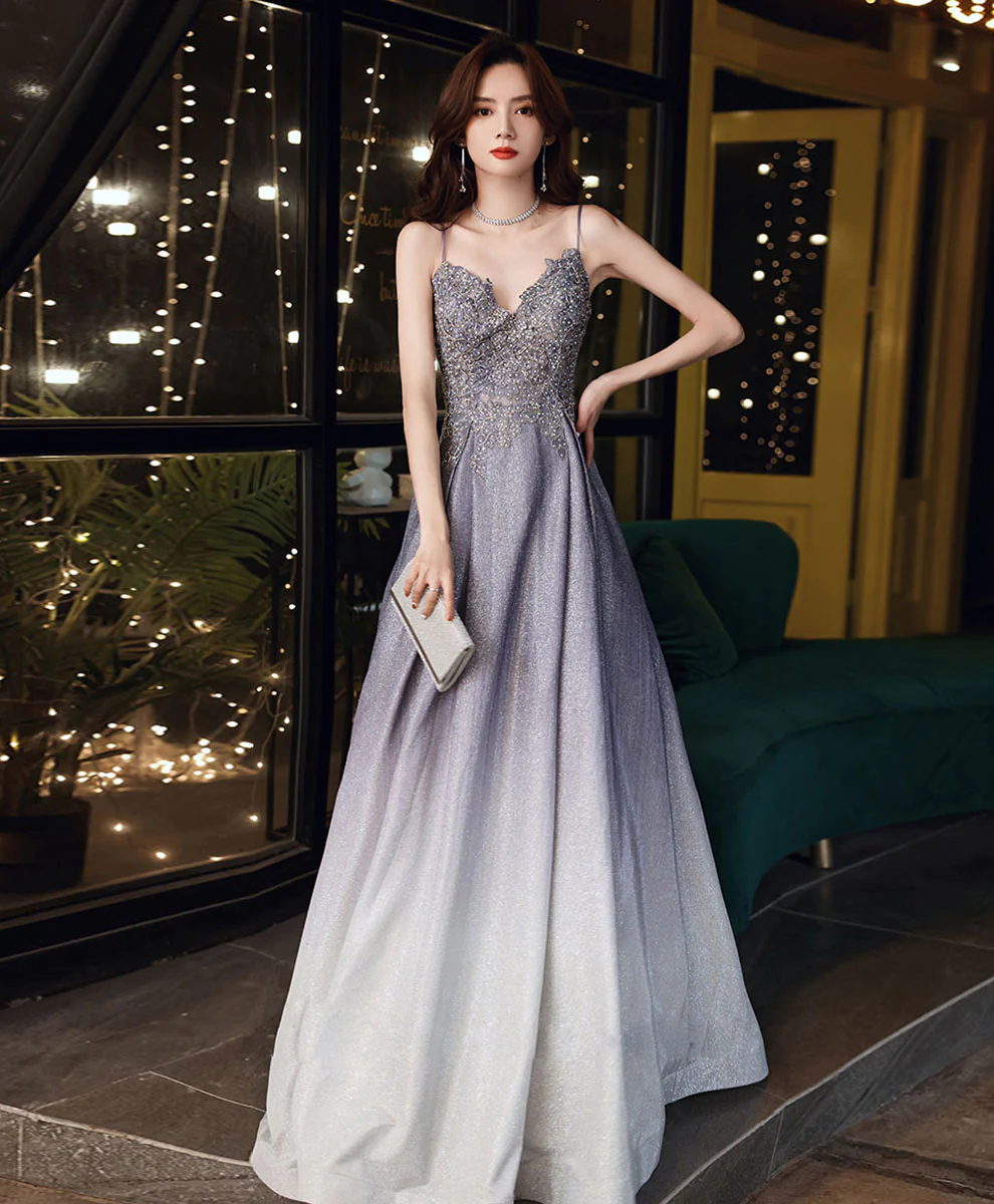 A-line Lace Sequin Prom Dress Gradient Color Floor Length Formal Party - Deanwangkt