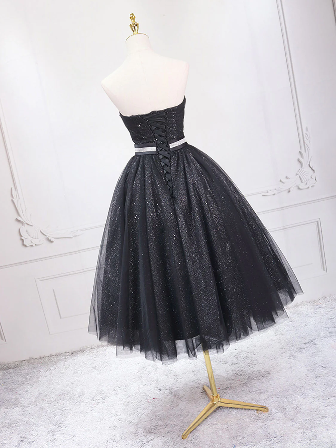 A-Line Sweetheart Neck Black Short Prom Dress, Black Formal Evening Dresses - Deanwangkt