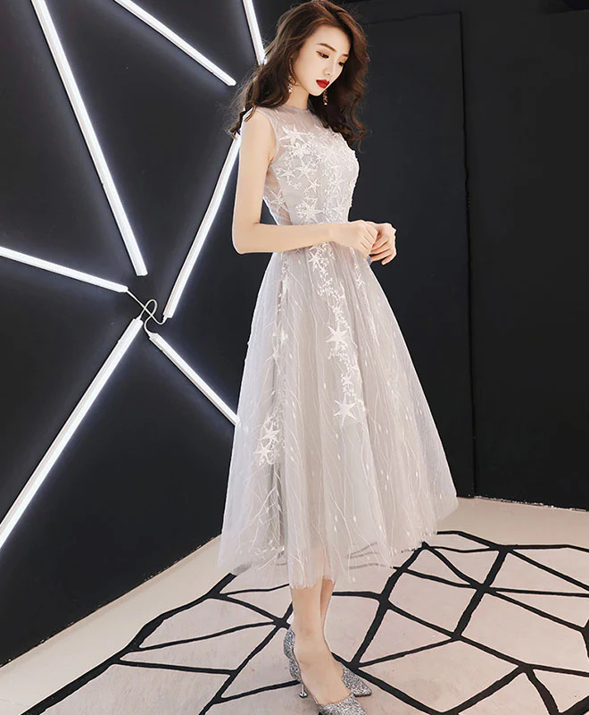 Gray Tulle Lace Short Prom Dress, Gray Homecoming Dress - Deanwangkt