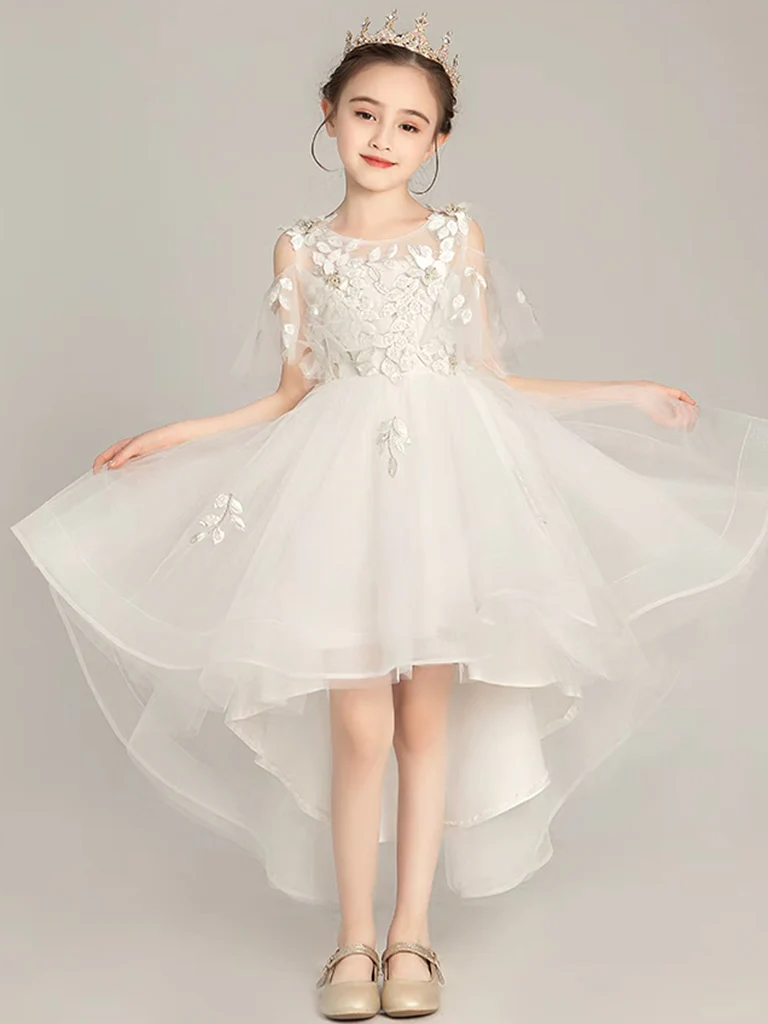 Beige Tulle Lace High Low Flower Girl Dress, Lace Girl Party Dress - Deanwangkt