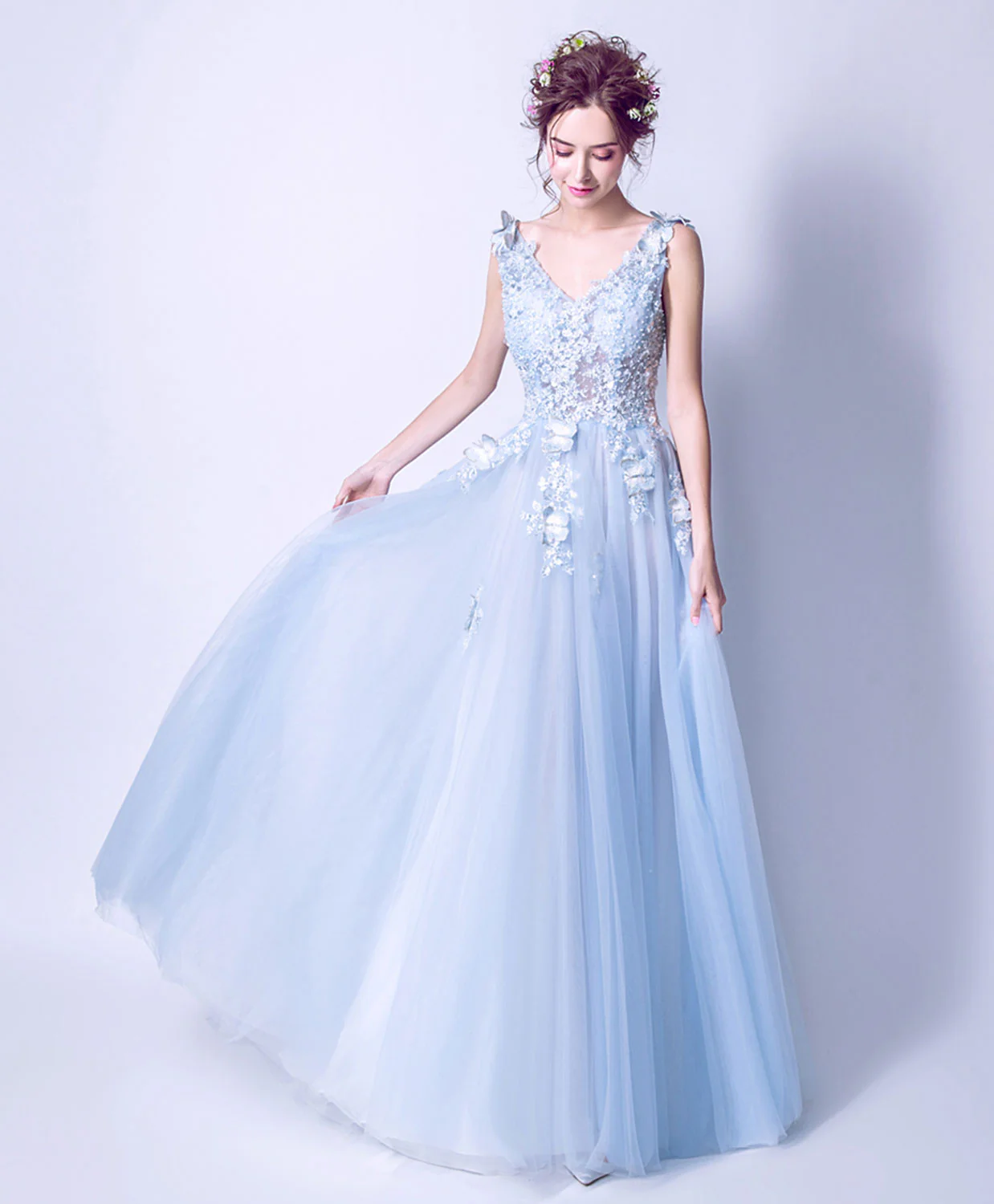 Blue V Neck Tulle Lace Long Prom Dress, Blue Evening Dress - Deanwangkt