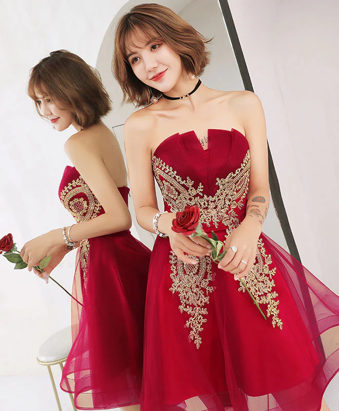 Burgundy Tulle Lace Short Prom Dress, Burgundy Homecoming Dress - Deanwangkt