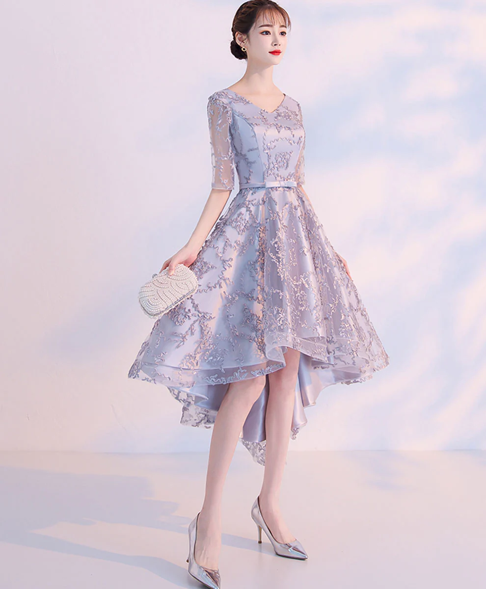 Gray Lace High Low Prom Dress Fray Lace Cocktail Dress, Gray Homecoming Dress - Deanwangkt