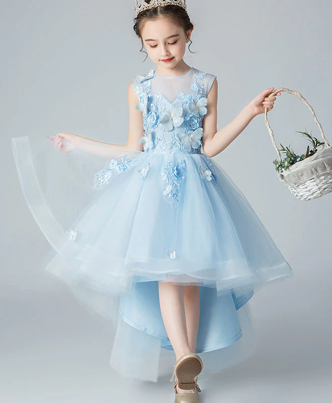 Blue Round Neck Tulle High Low Lace Prom Dress, Flower Girl Dress - Deanwangkt
