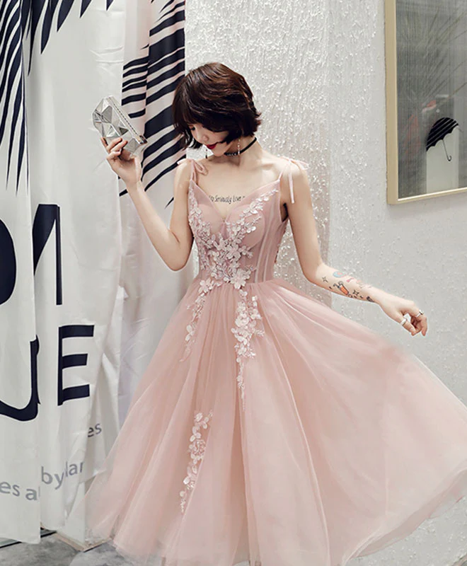 Simple Pink V Neck Tulle Short Prom Dress, Pink Homecoming Dress - Deanwangkt