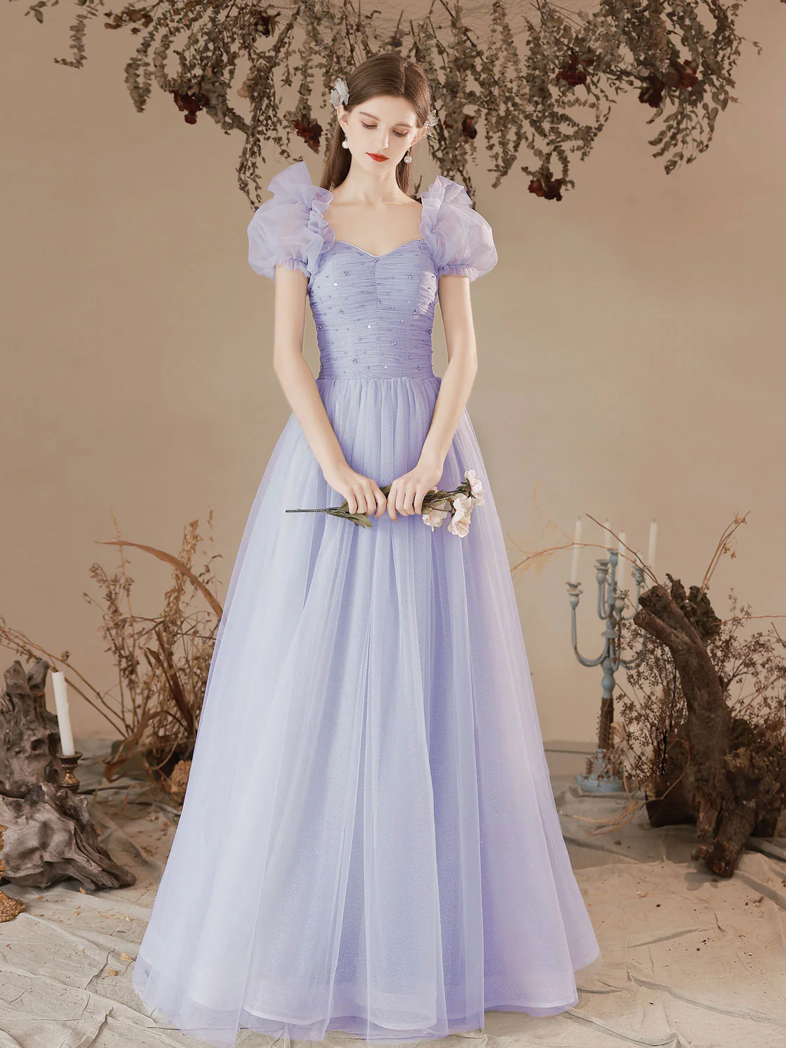 A-Line Sweetheart Neck Tulle Long Prom Dress, Blue Formal Graduation Dresses - Deanwangkt