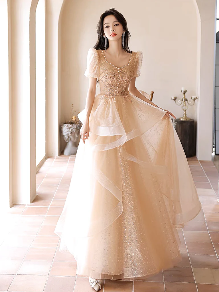 A-Line Champagne Tulle Lace Long Prom Dress, Champagne Long Formal Dress - Deanwangkt