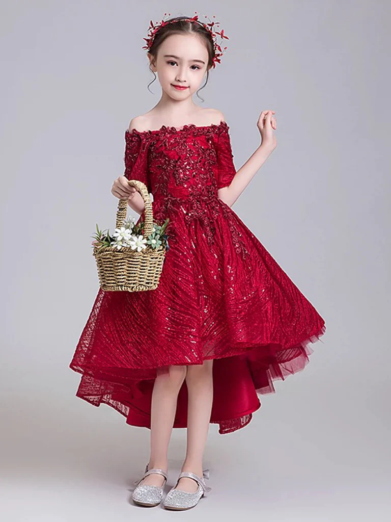 A-Line High Low Tulle Lace Burgundy Flower Girl Dress - Deanwangkt