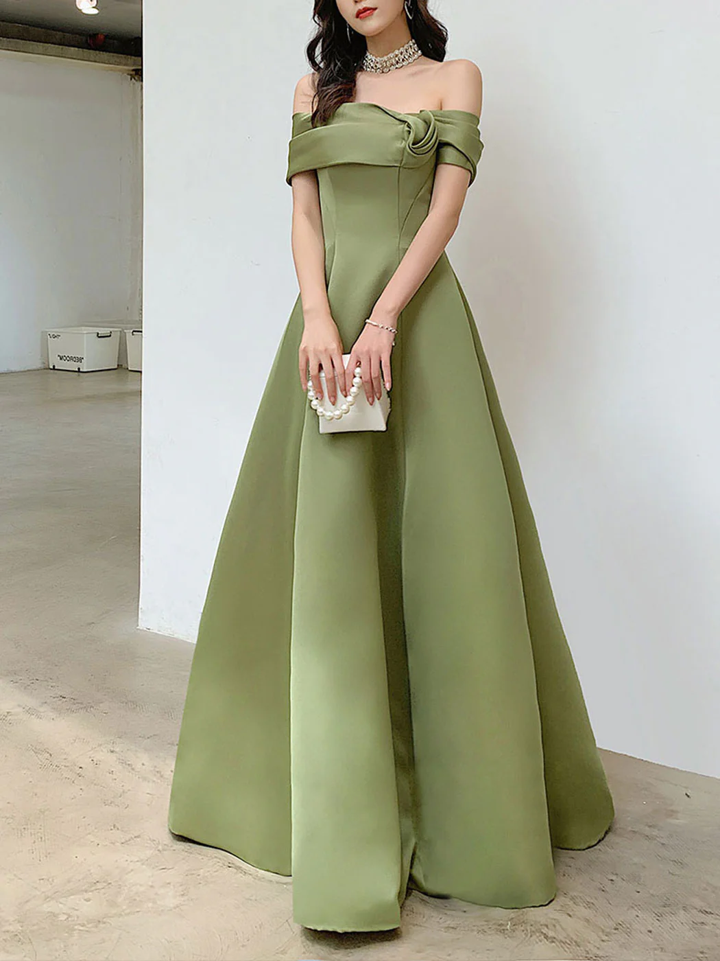 A Line Satin Green Long Prom Dresses, Off Shoulder Green Long Formal Dresses - Deanwangkt
