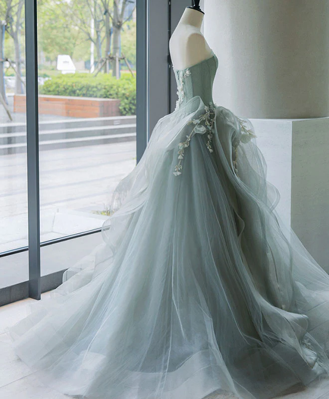 Unique Tulle Lace Gray Green Long Prom Gown, Tulle Lace Evening Dress - Deanwangkt