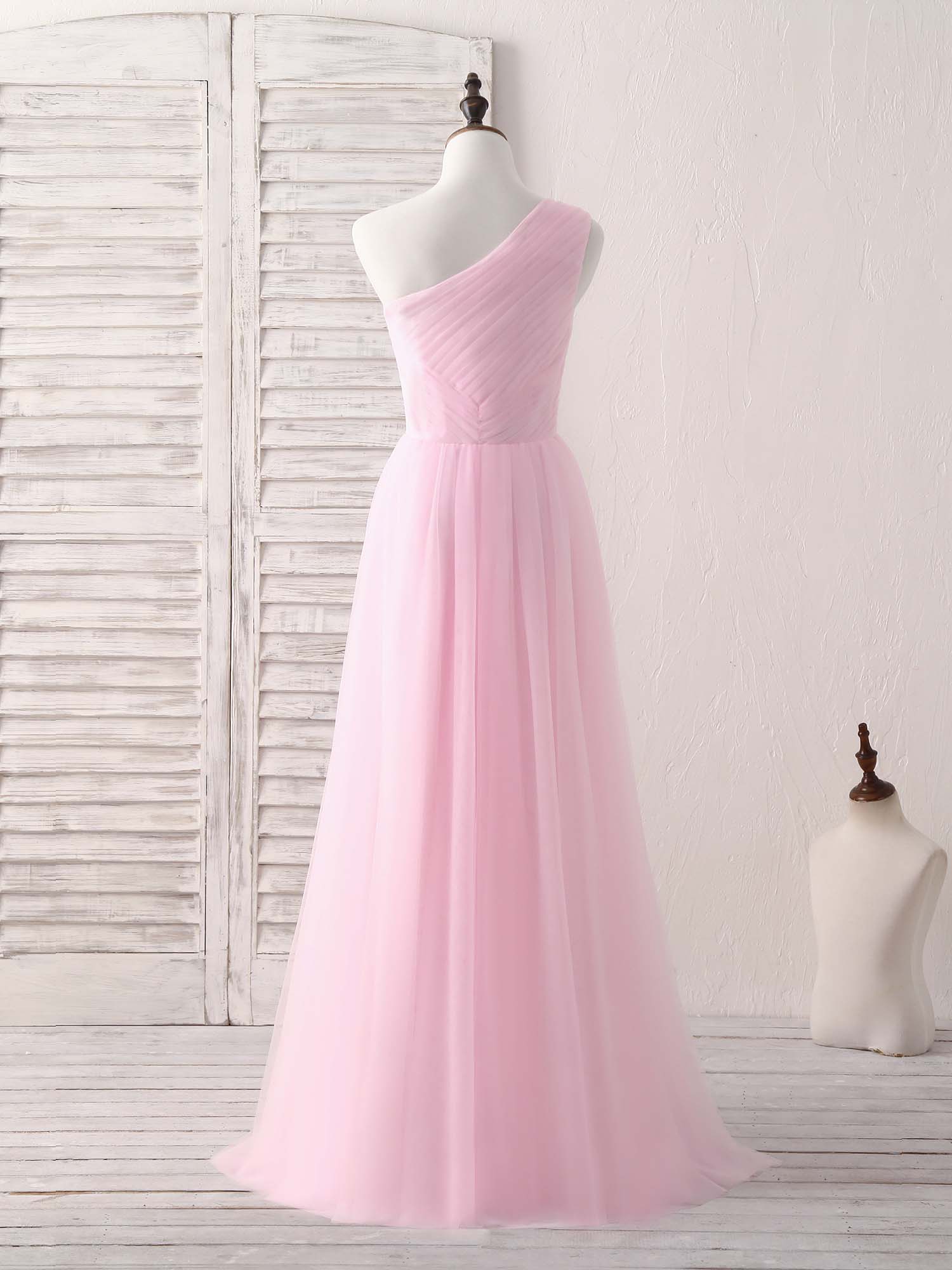 Pink Tulle One Shoulder Long Prom Dress Pink Bridesmaid Dress - Deanwangkt