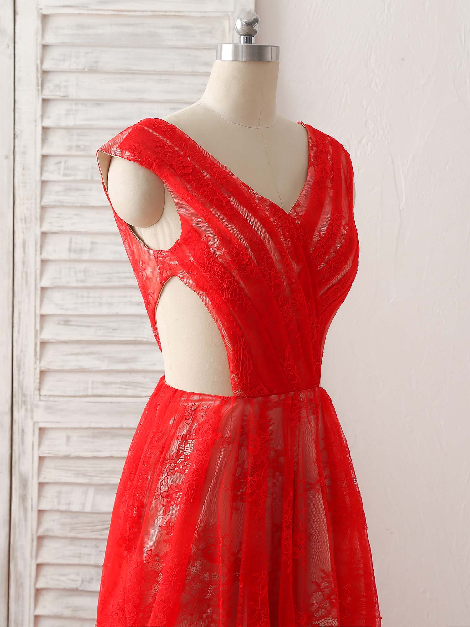 Red V Neck Lace Long Prom Dress, Lace Evening Dress - Deanwangkt