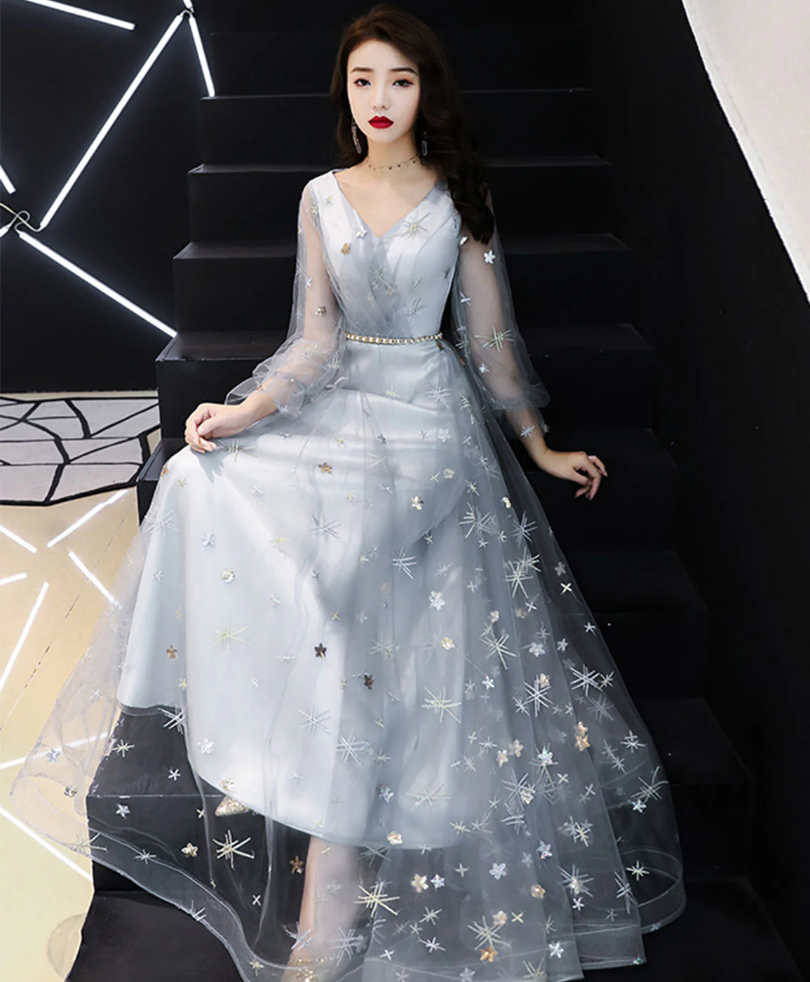 Gray V Neck Tulle Lace Long Prom Dress, Gray Tulle Evening Dress - Deanwangkt