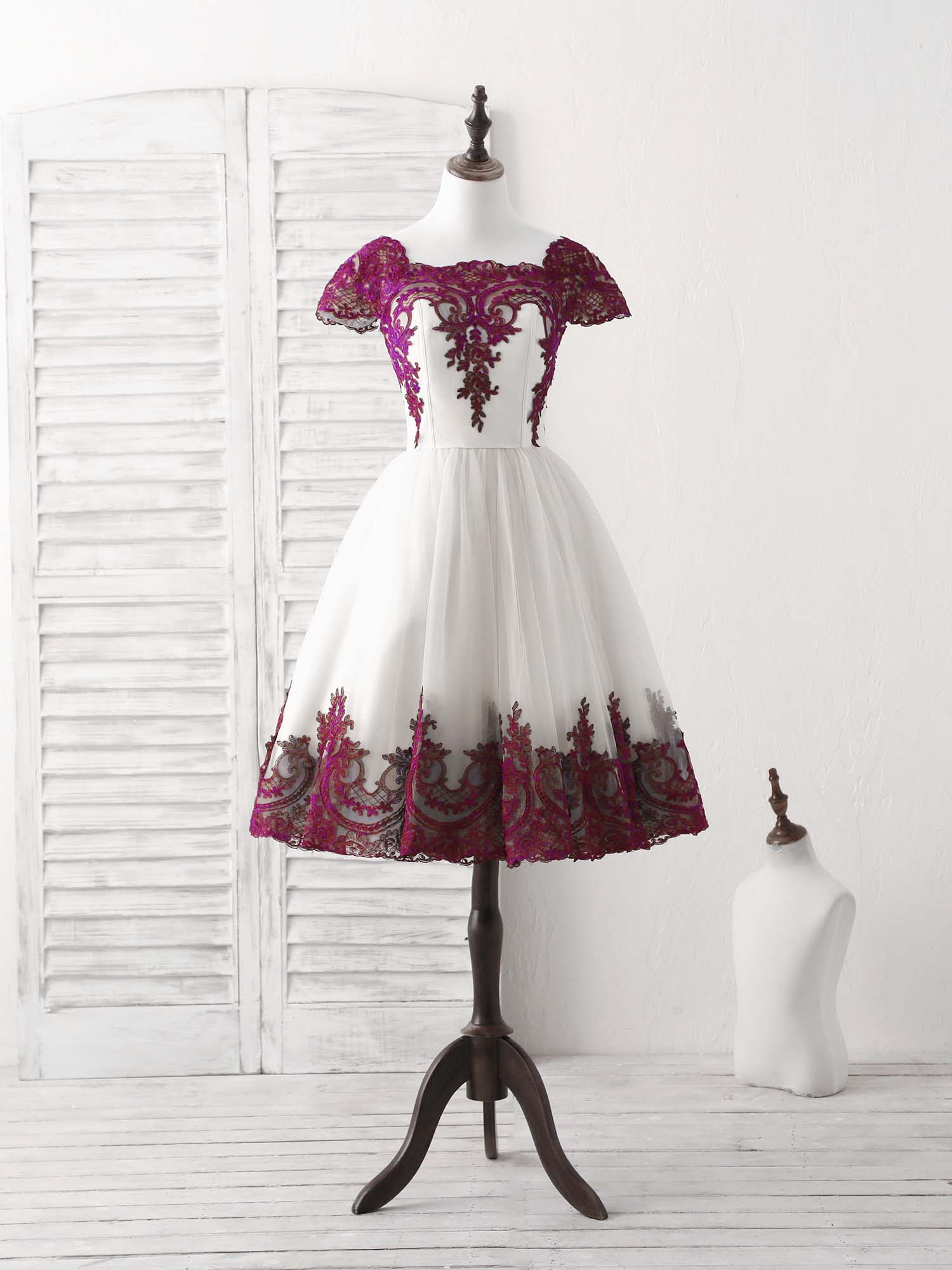 White Tulle Lace Applique Short Prom Dress, Tulle Homecoming Dress - Deanwangkt