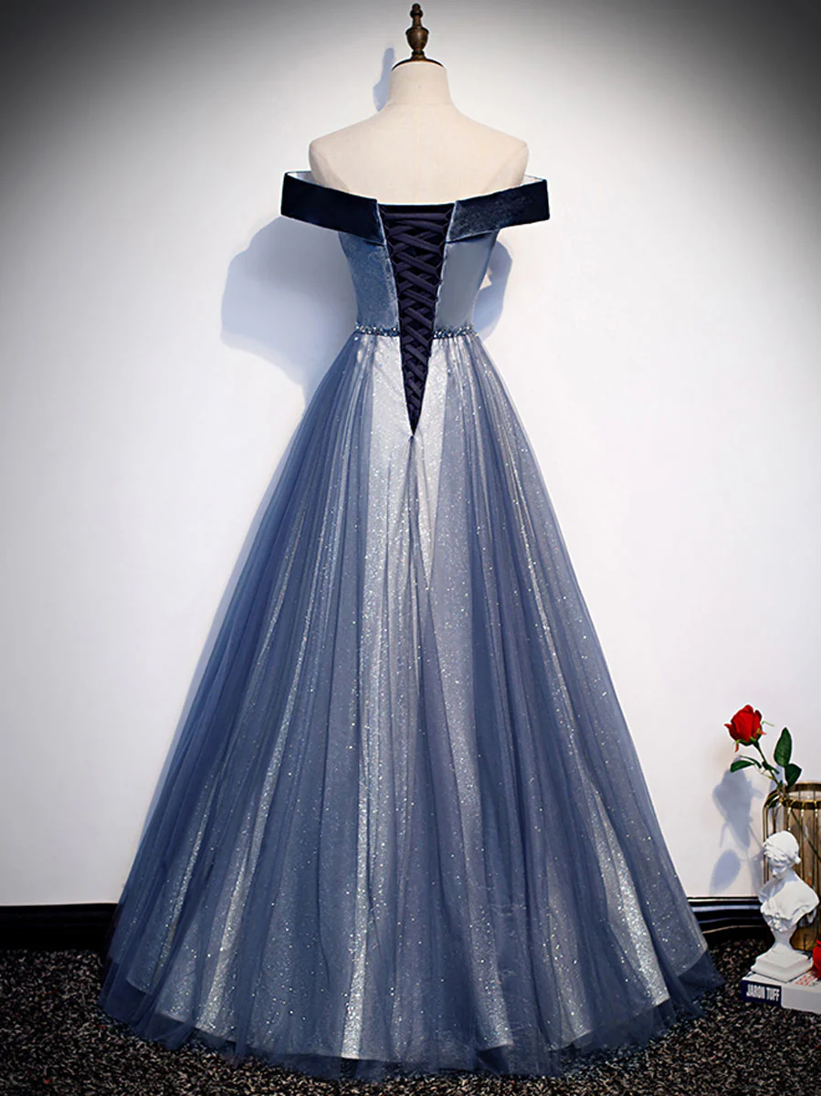 Blue Tulle Beads Long Prom Dress, Blue Tulle Formal Dress - Deanwangkt