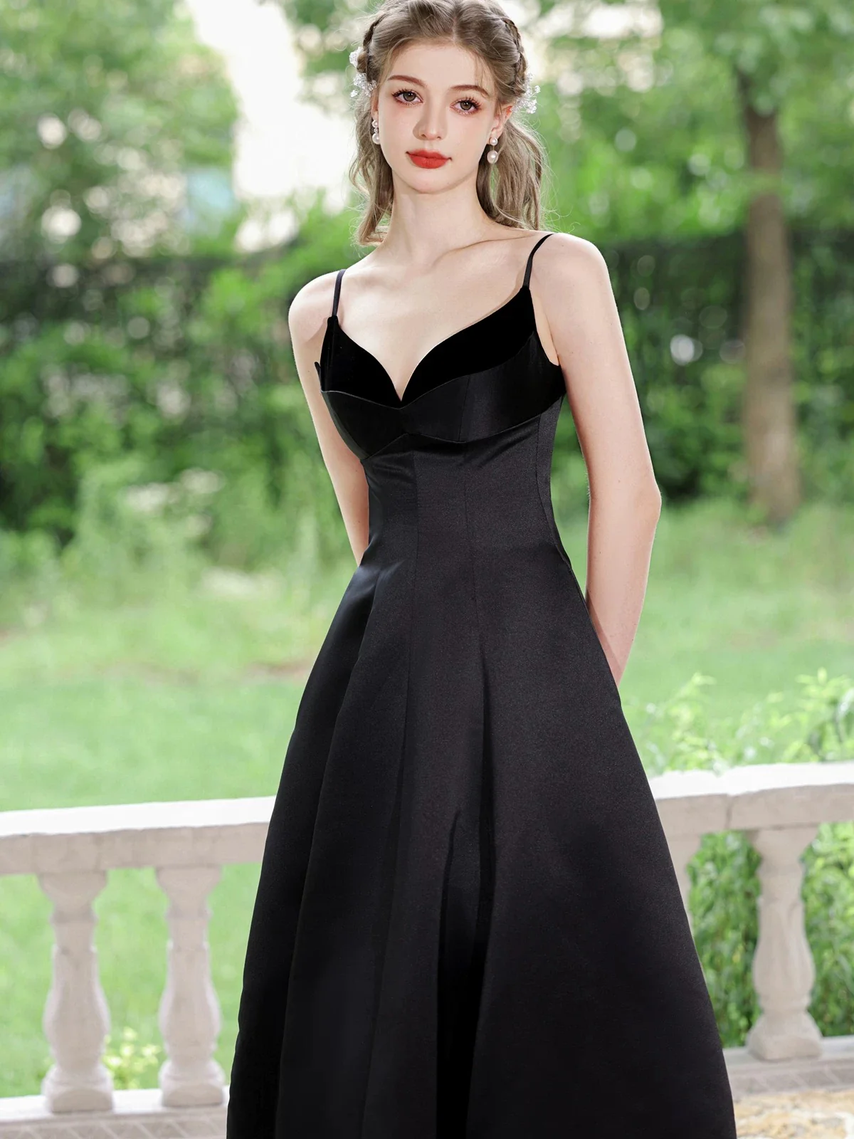 Simple V Neck Satin Tea Length Black Prom Dress, Black Formal Dress - Deanwangkt