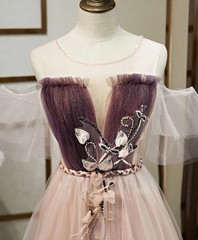 Unique Tulle Round Neck Lace Long Prom Dress Tulle Evening Dress - Deanwangkt