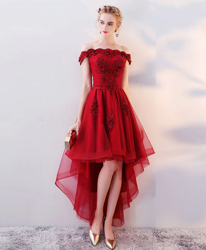 Burgundy High Low Tulle Lace Long Prom Dress, Lace Evening Dress - Deanwangkt