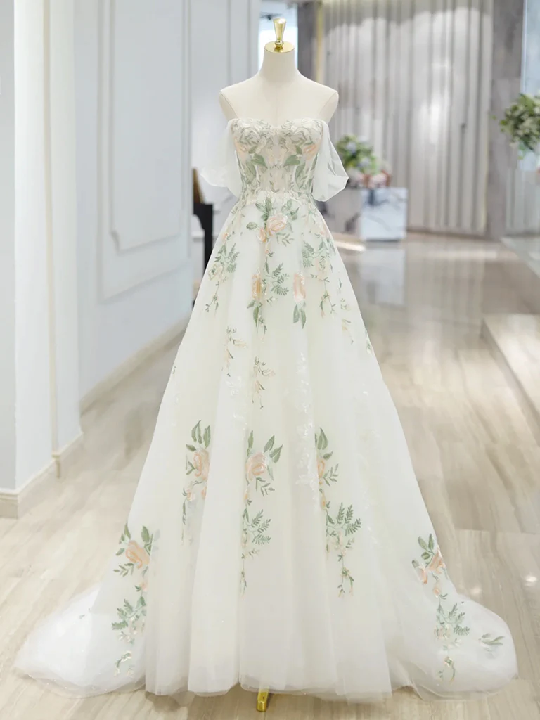A-Line Off Shoulder ivory Tulle Lace Applique Long Prom Dress, ivory Formal Dress - Deanwangkt