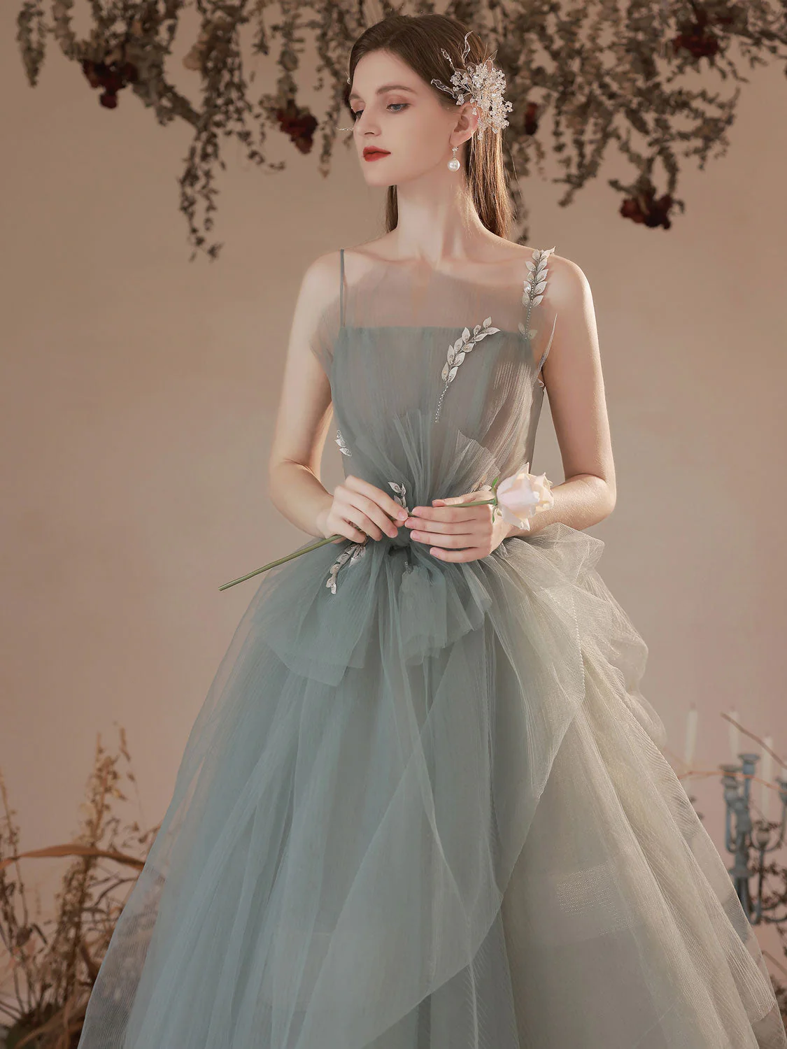 Gray Green Long Prom Dress, Ball Gown Gray Green Tulle Formal Sweet 16 Dress - Deanwangkt