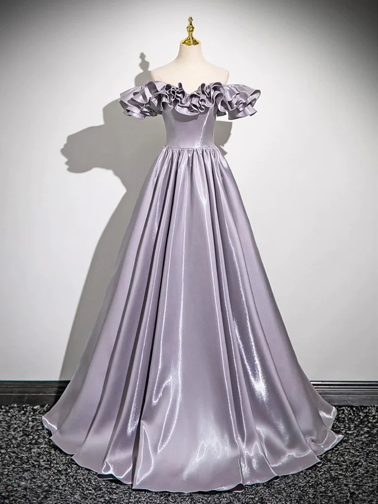 A-Line Off Shoulder Satin Gray Long Prom Dress, Gray Long Formal Dress - Deanwangkt
