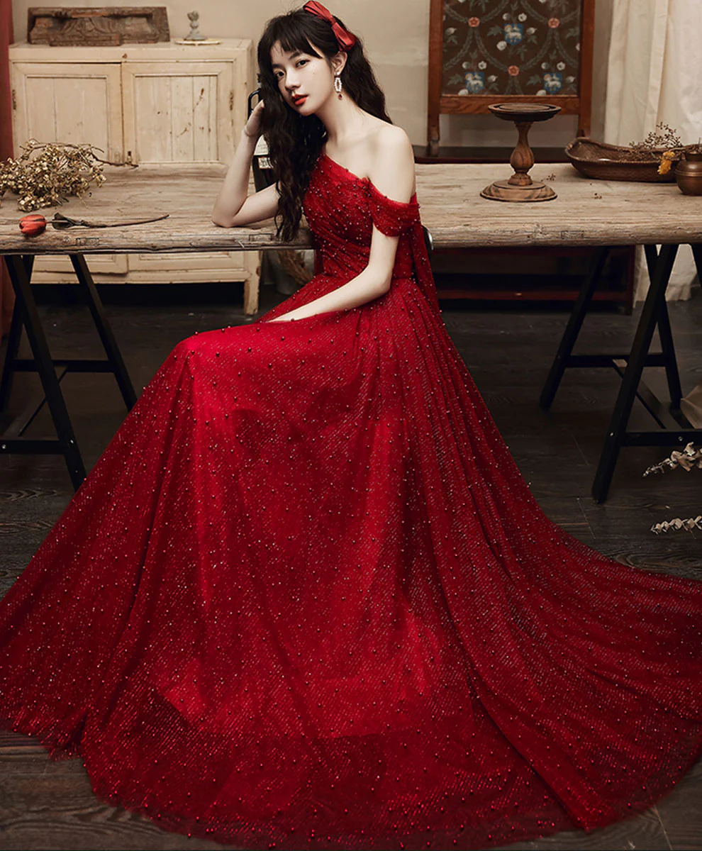 Burgundy One Shoulder Long Prom Dress, Burgundy Formal Graduation Dress - Deanwangkt