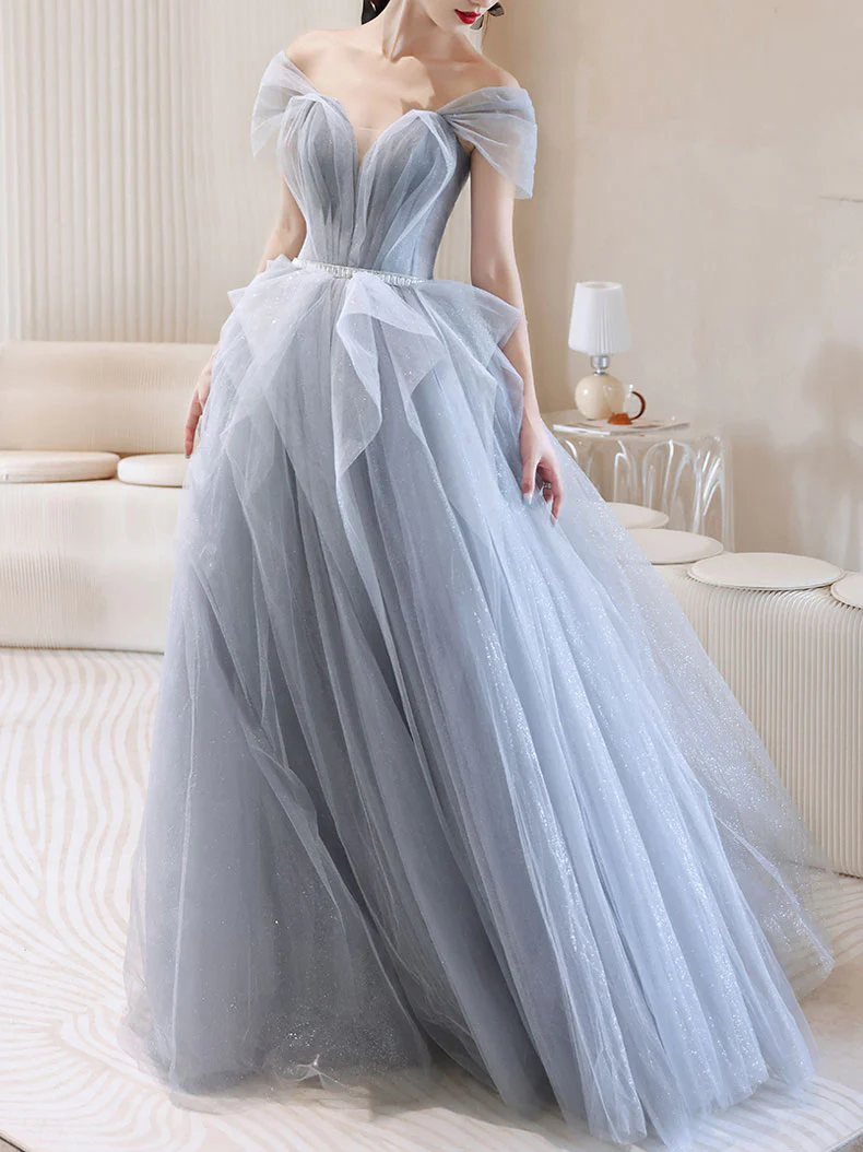 Gray Tulle Off Shoulder Long Prom Dress, Gray Tulle Formal Dress - Deanwangkt