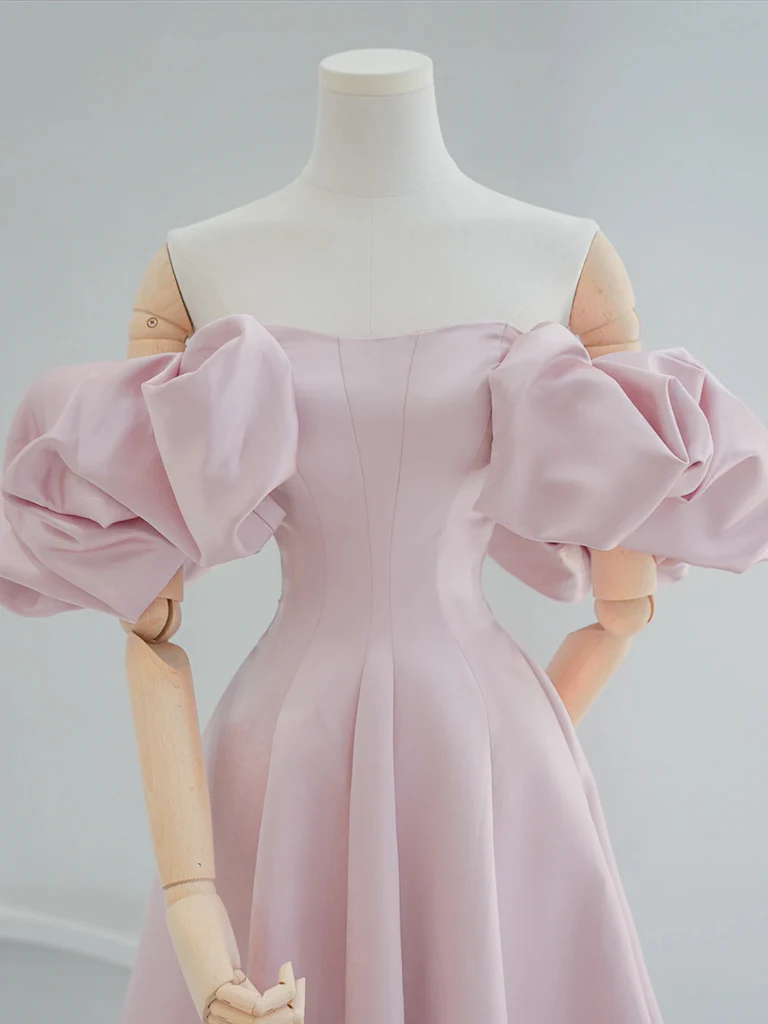 A-Line Off Shoulder Satin Pink Short Prom Dress, Pink Homecoming Dress - Deanwangkt