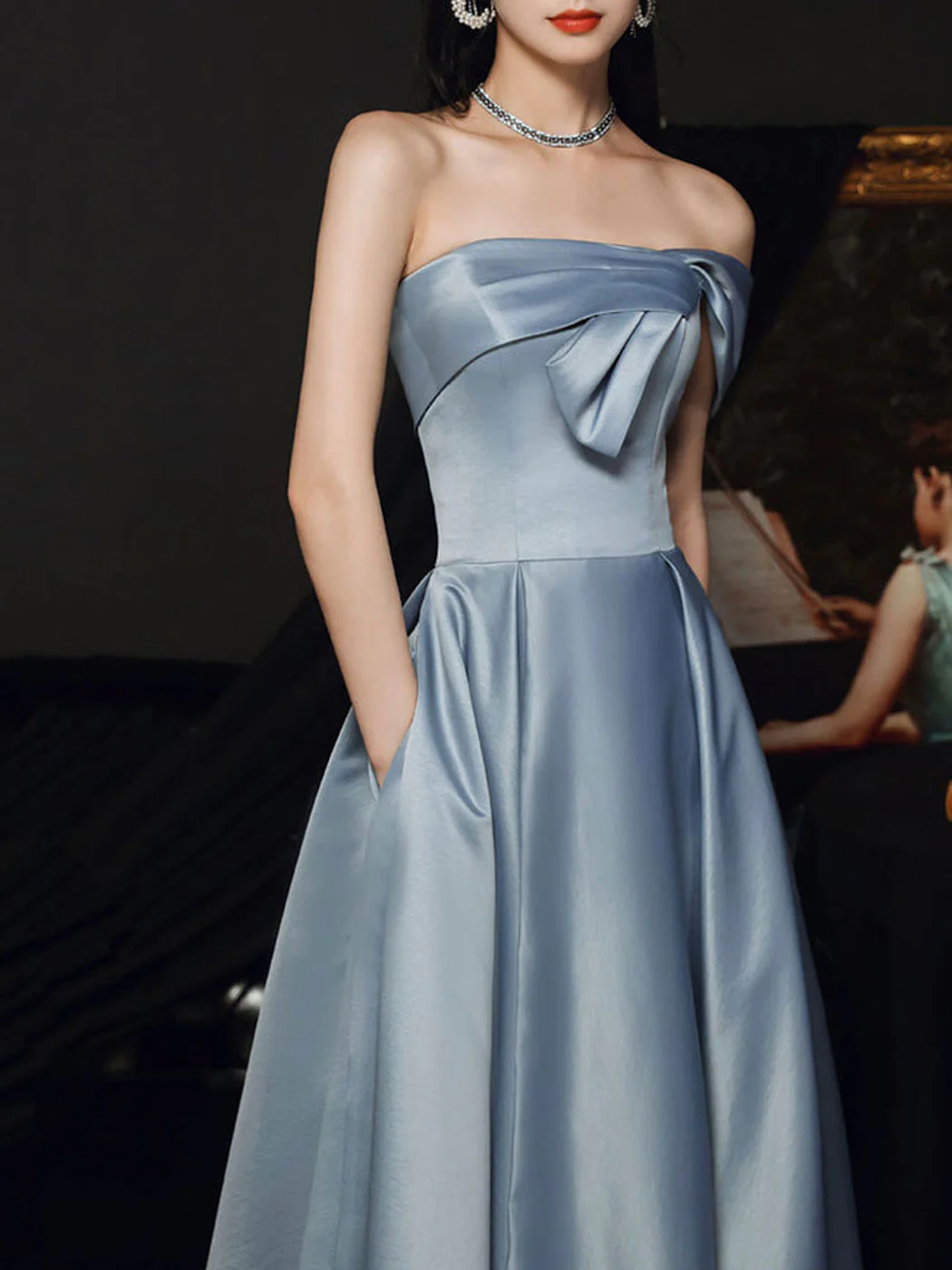 Simple A Line Satin Gray Blue Long Prom Dress, Gray Blue Long Bridesmaid Dress - Deanwangkt