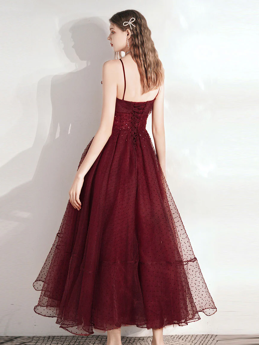 Aline Tea Length Burgundy Prom Dress, Burgundy Homecoming Dress - Deanwangkt