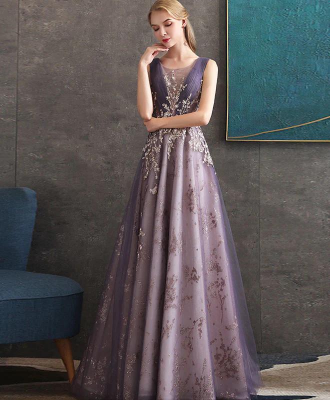 Purple Round Neck Tulle Lace Long Prom Dress Purple Evening Dress - Deanwangkt