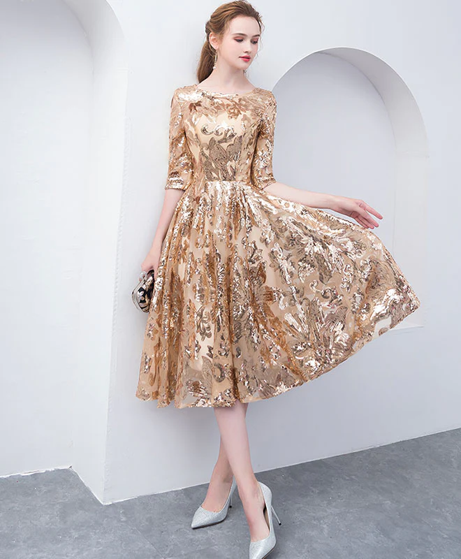 Gold Round Neck Sequin Short Prom Dress, Gold Homecoming Dress - Deanwangkt