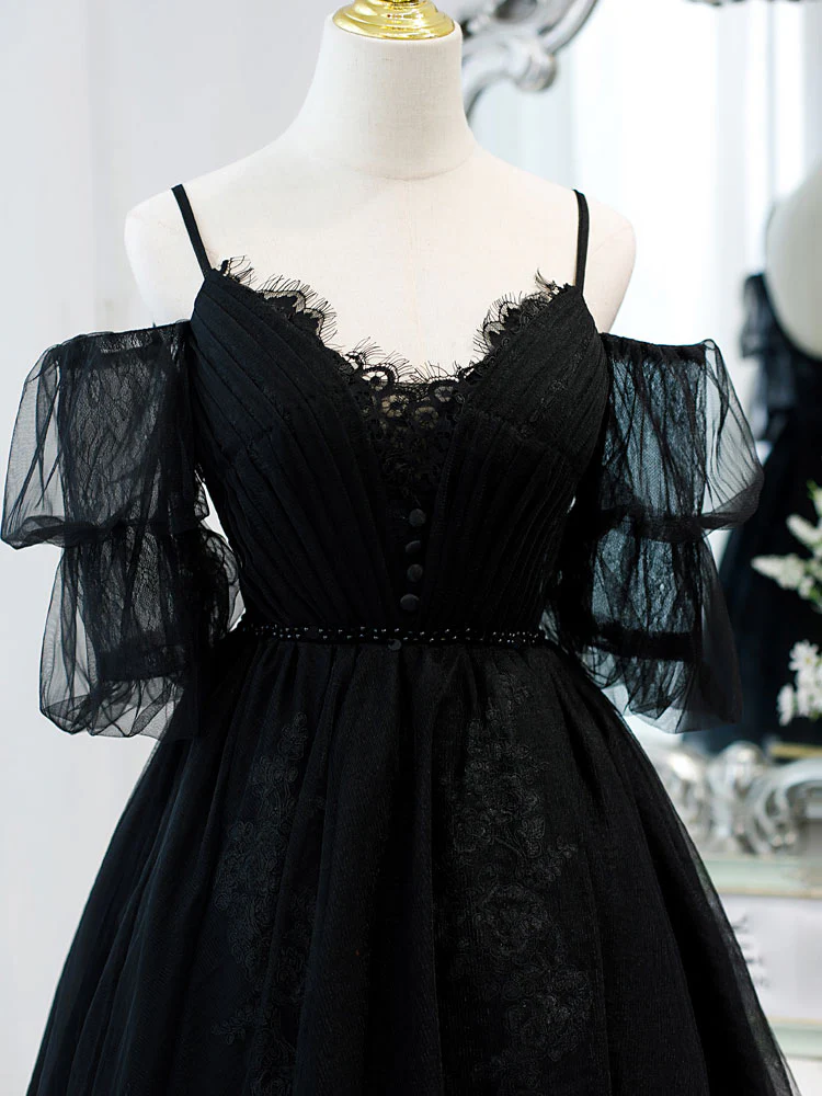 Black A line V Neck Lace Short/Mini Prom Dress, Black Puffy Homecoming Dresses - Deanwangkt