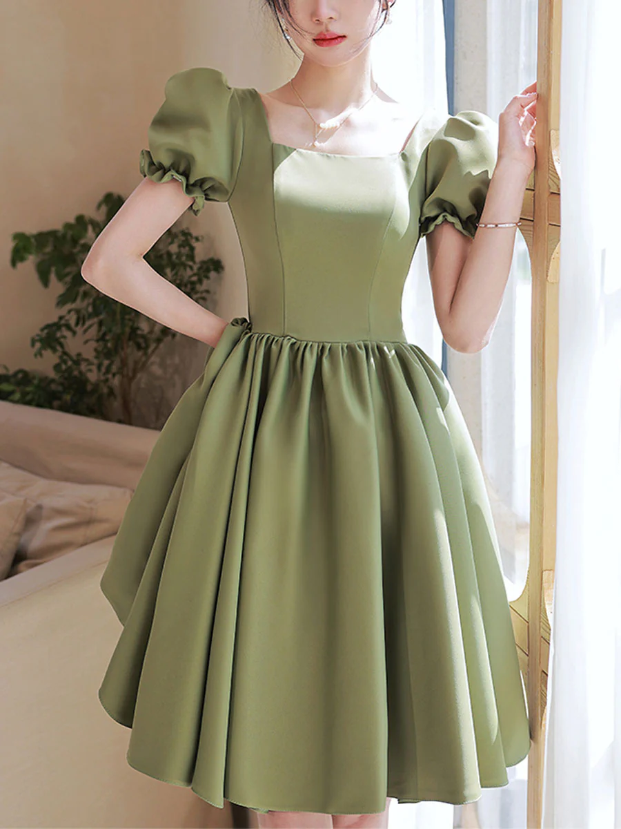 Simple Green Satin Short Prom Dress, Green Satin Bridesmaid Dress - Deanwangkt
