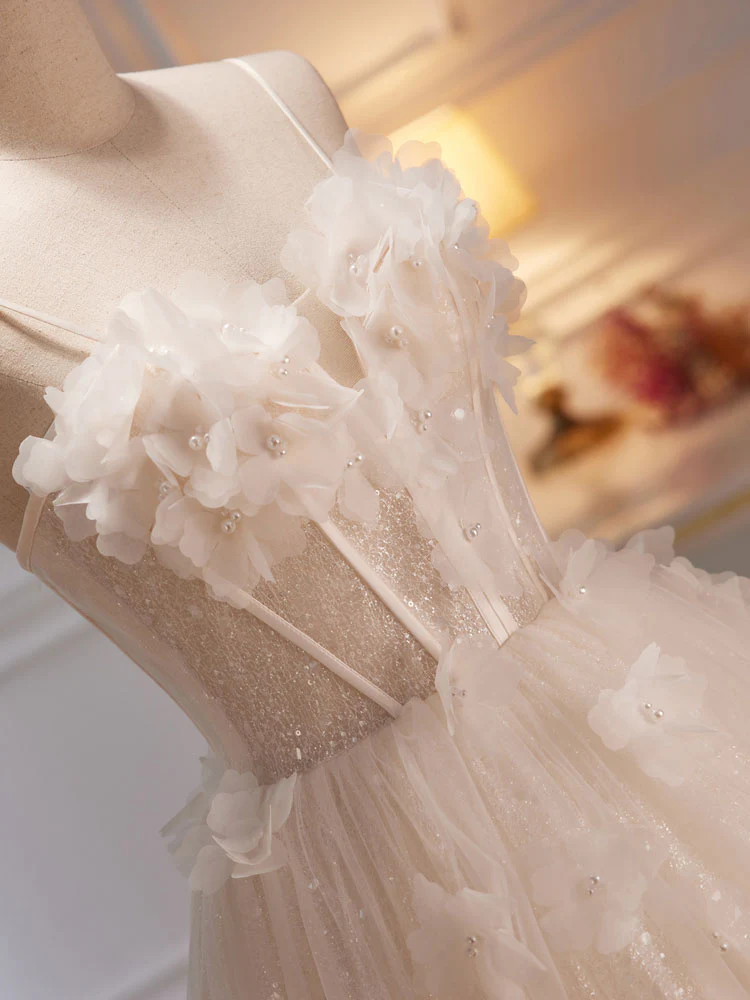 A-Line Tulle Flower Light Champagne Long Prom Dresses, Shiny Formal Dresses - Deanwangkt